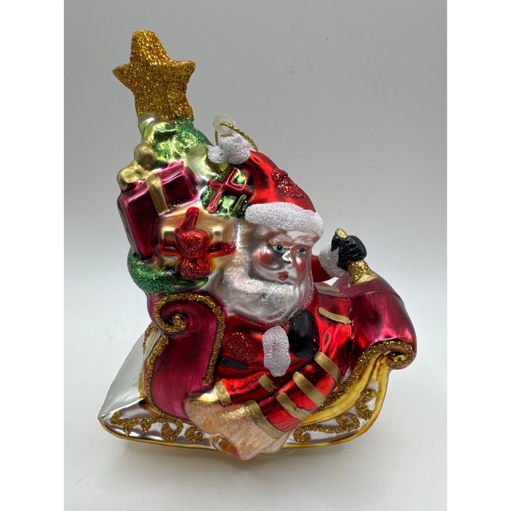 Santa Claus in Sleigh Glass Christmas Ornament Glitter Accents Red Gold 5 Inch